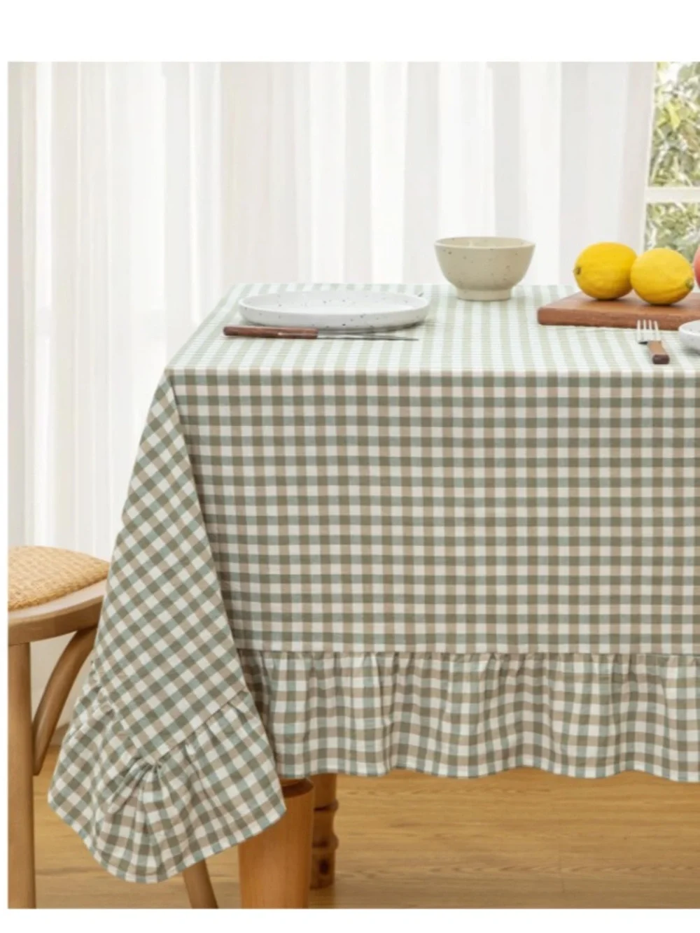 Farmhouse Gingham Ruffle Tablecloth 100% Cotton Rectangular 52x70” GREEN